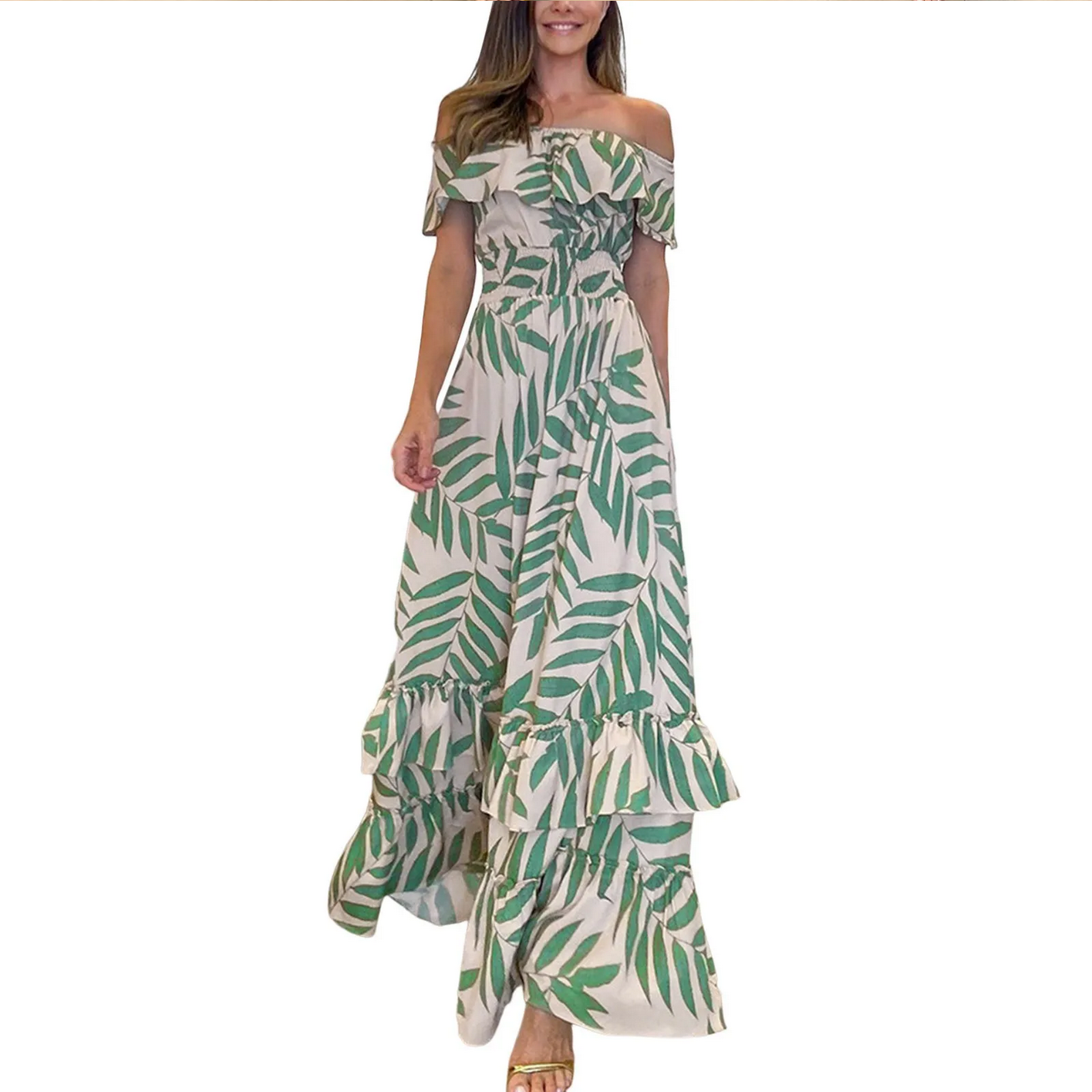 Summer  Casual Beach Style Off Shoulder Slash Neck Floral Flowy Boho Long Dress S