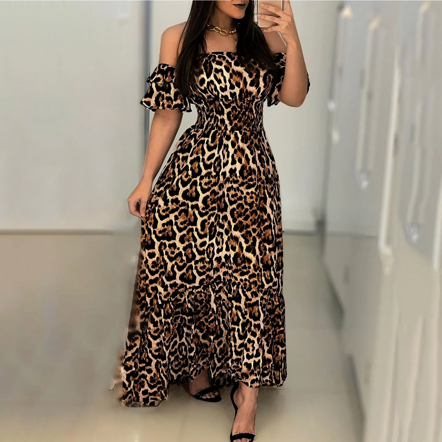 Summer Off Shoulder Leopard Print  Maxi Dress