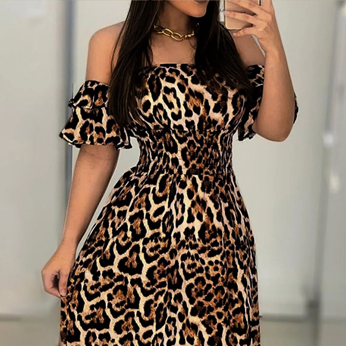 Summer Off Shoulder Leopard Print  Maxi Dress