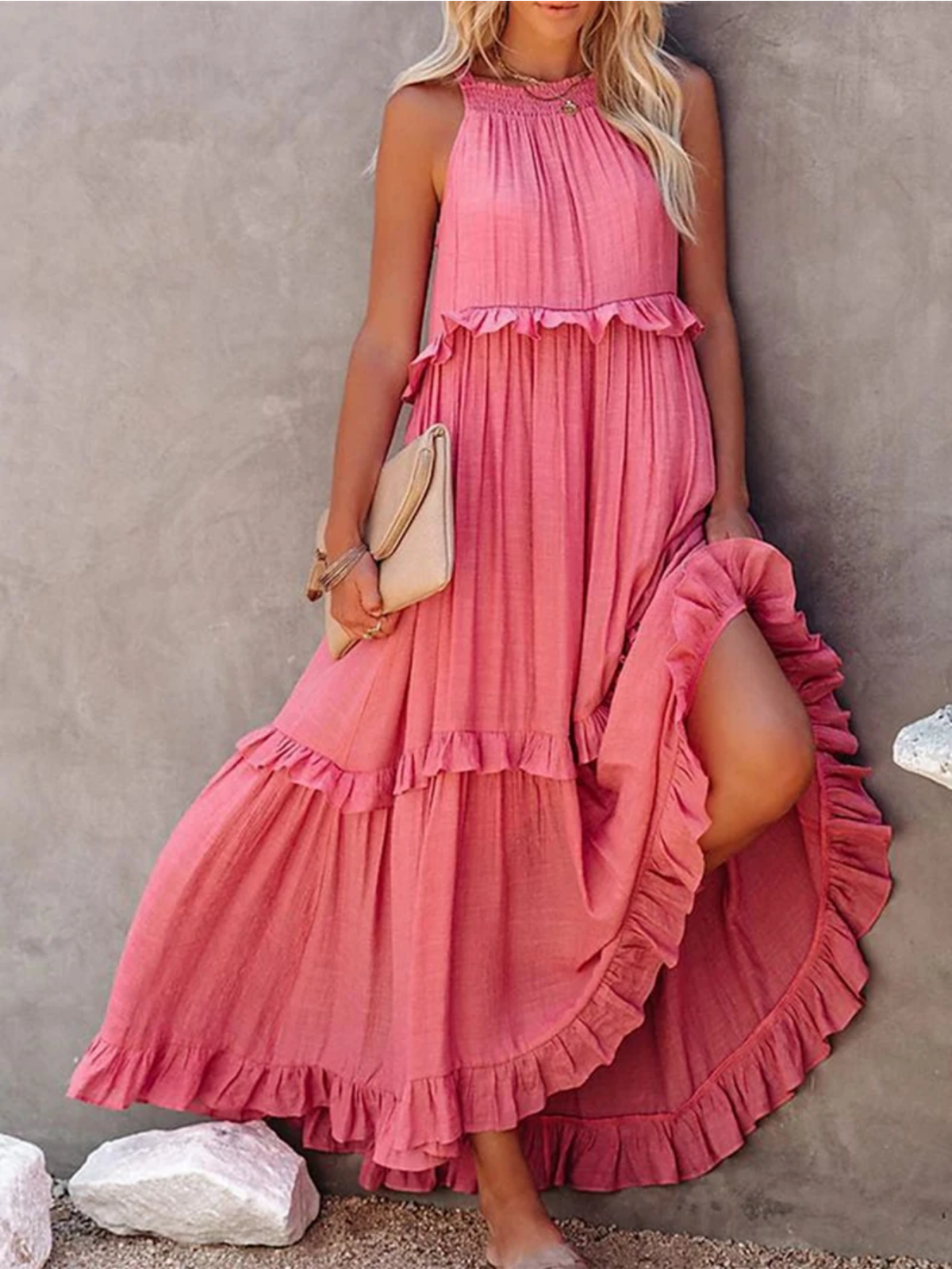 Summer Sleeveless Ruffle Halter Maxi Dress