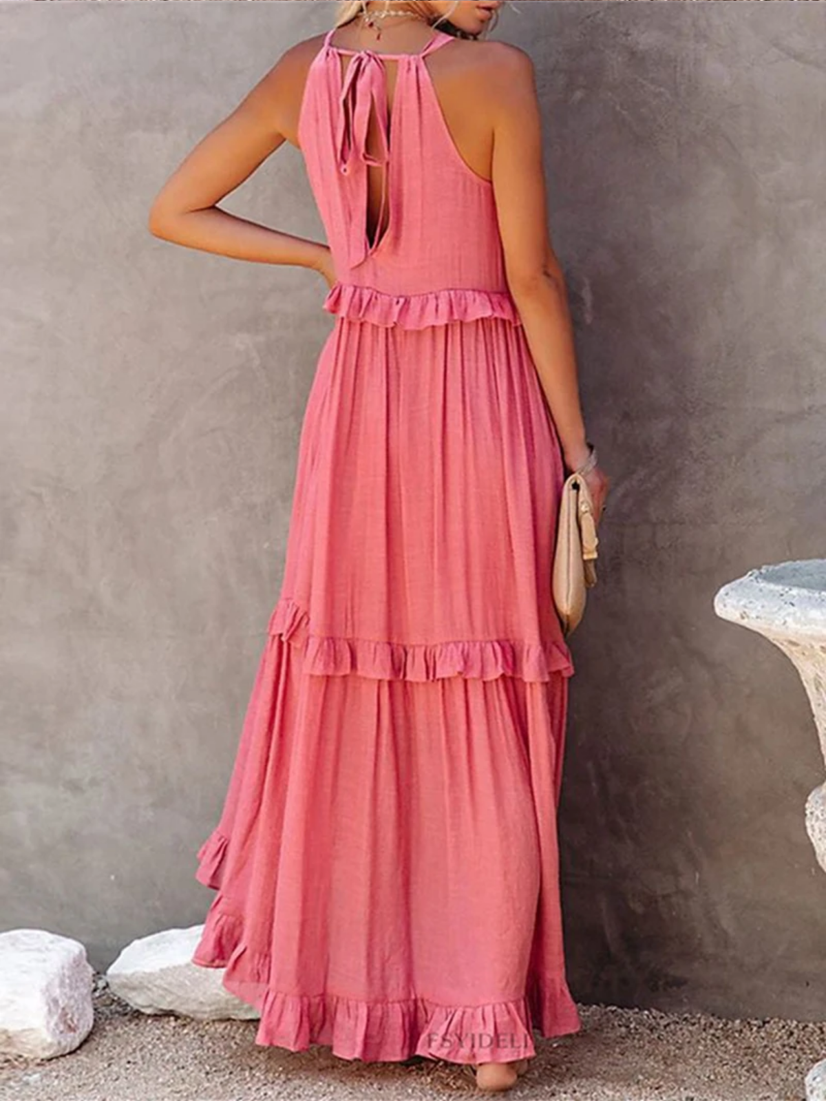 Summer Sleeveless Ruffle Halter Maxi Dress