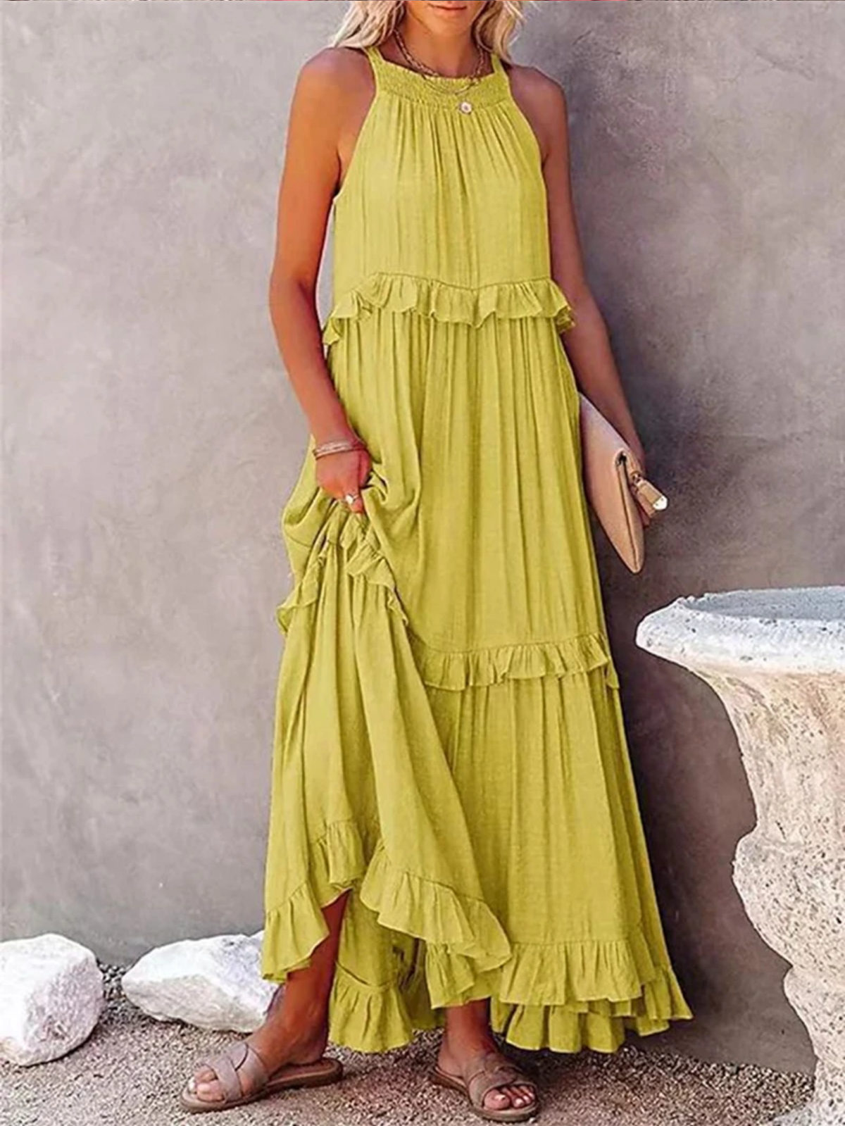 Summer Sleeveless Ruffle Halter Maxi Dress