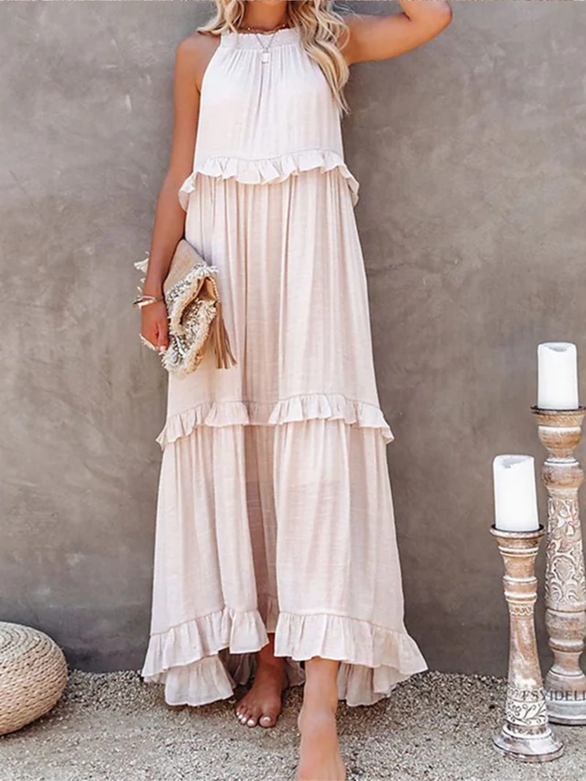 Summer Sleeveless Ruffle Halter Maxi Dress