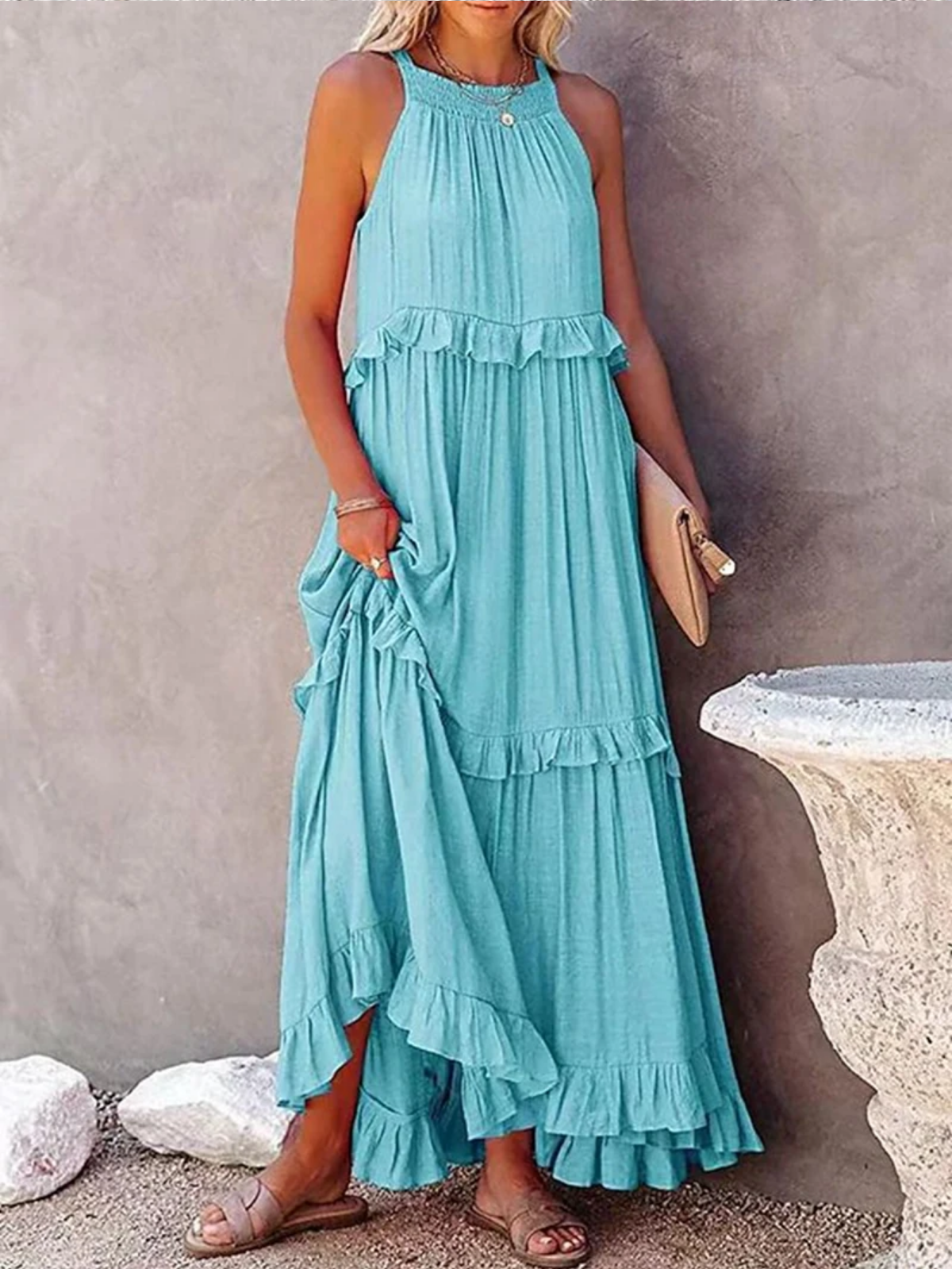 Summer Sleeveless Ruffle Halter Maxi Dress