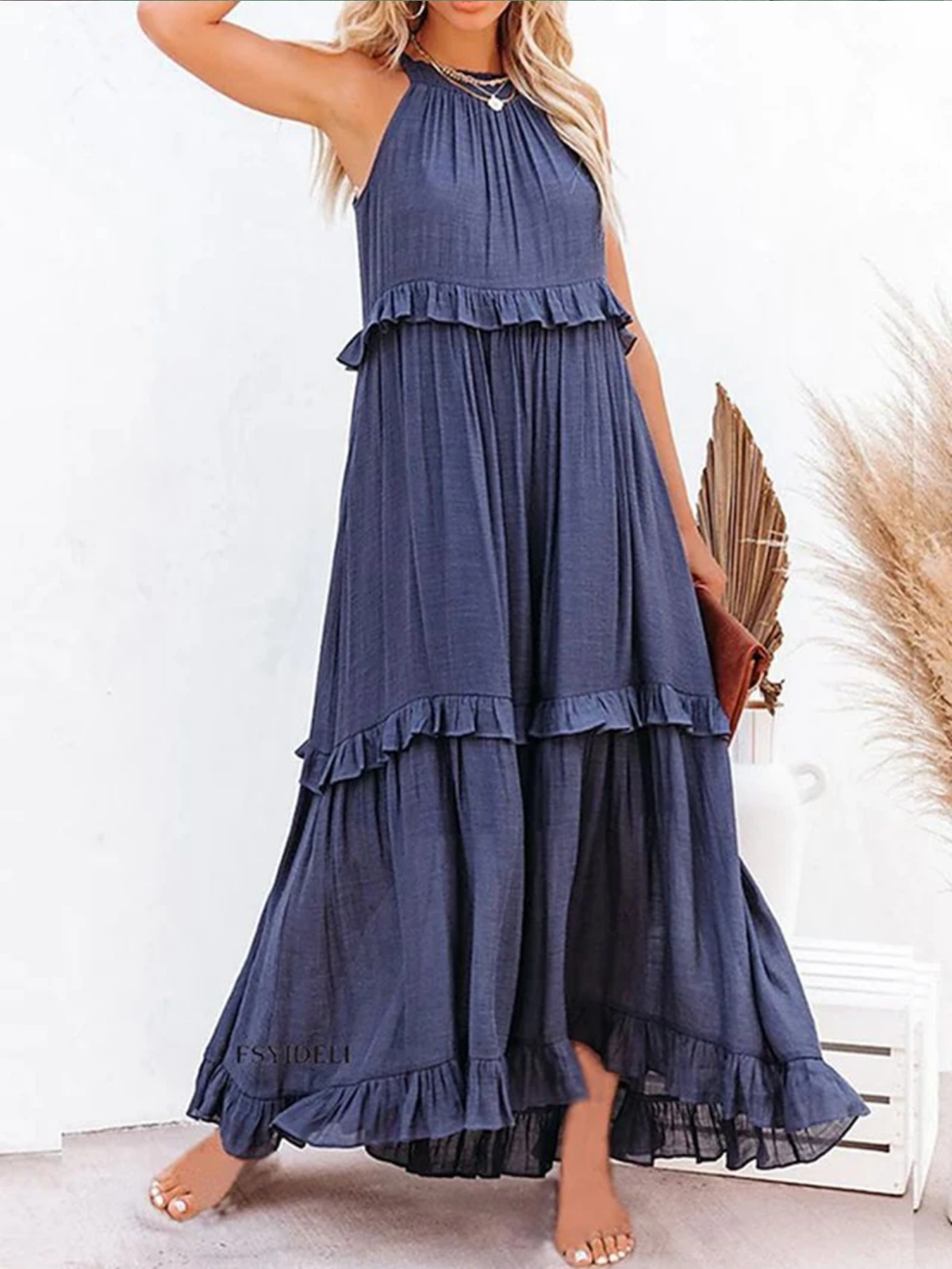 Summer Sleeveless Ruffle Halter Maxi Dress