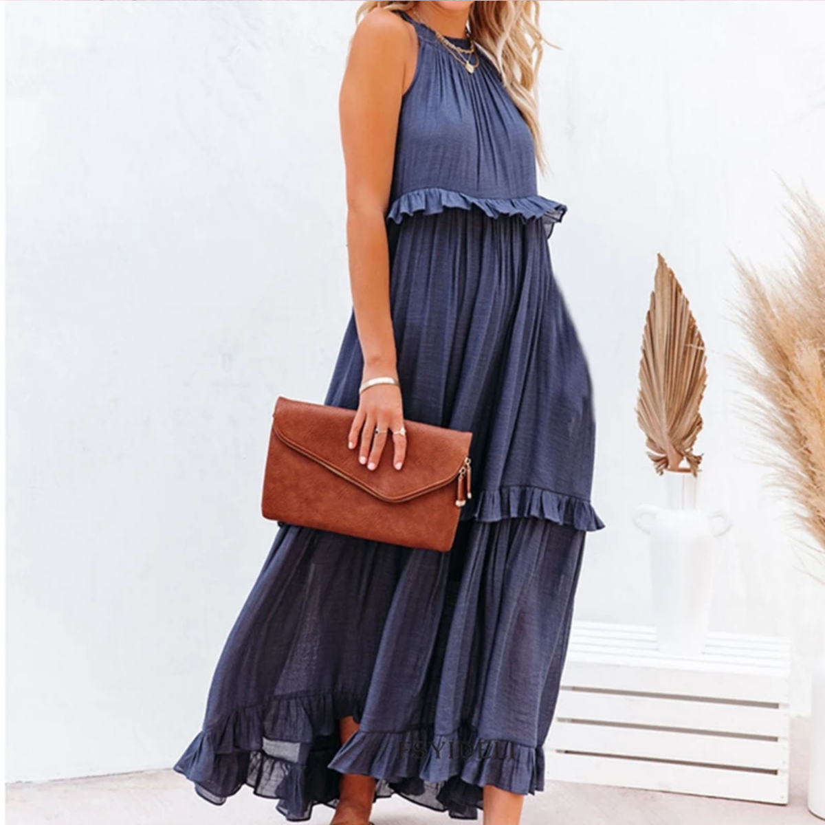 Summer Sleeveless Ruffle Halter Maxi Dress