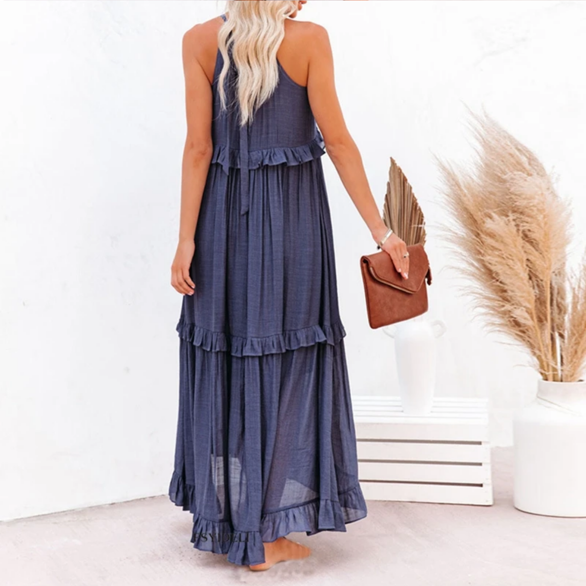 Summer Sleeveless Ruffle Halter Maxi Dress