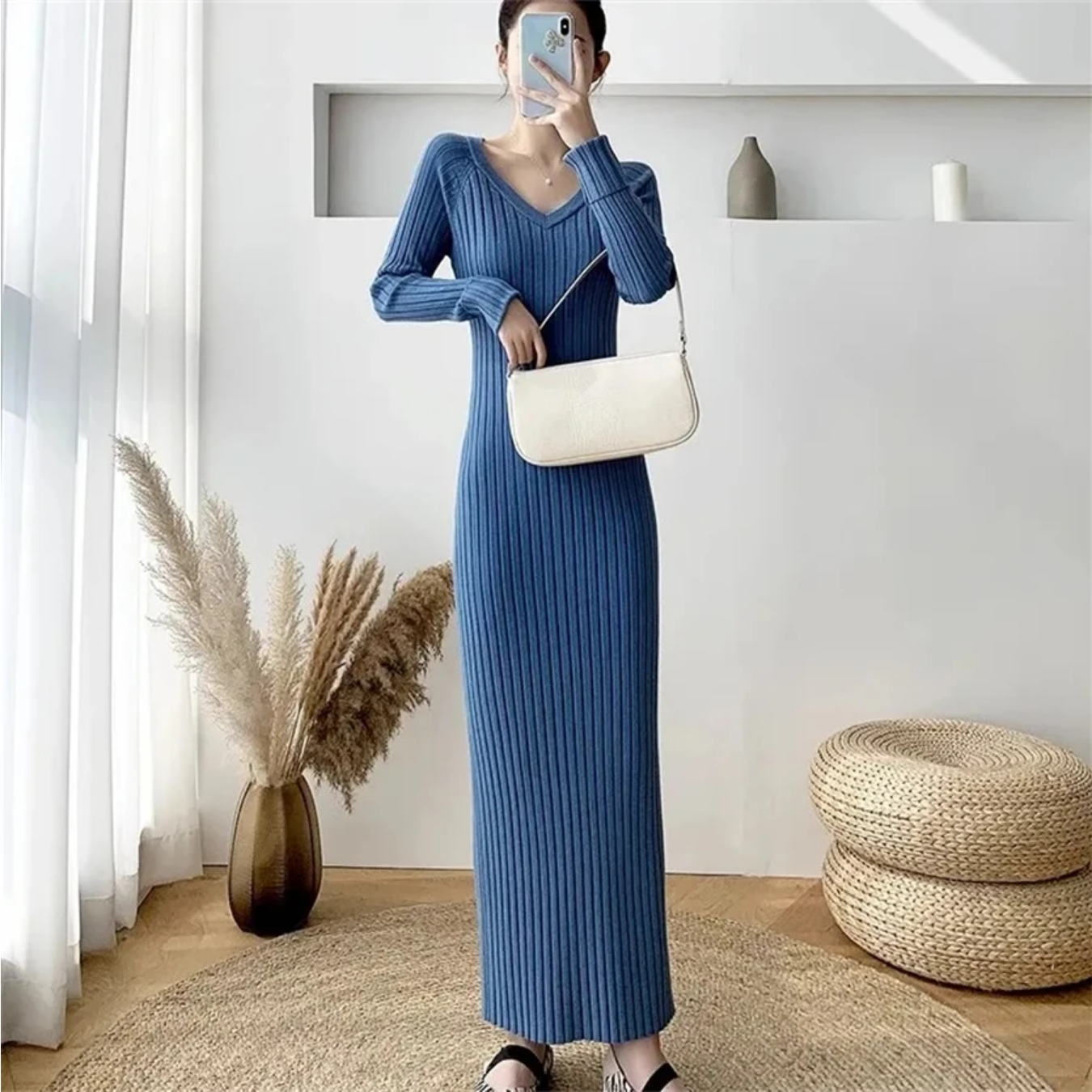 Spring Soft Knitwear V-neck Slim Long Knitted Dress