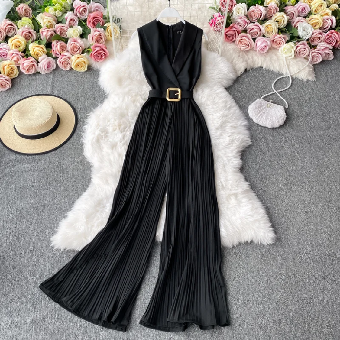 Pleated High Waist Notched One-piece Fashion Flared Wide Leg Jumpsuit