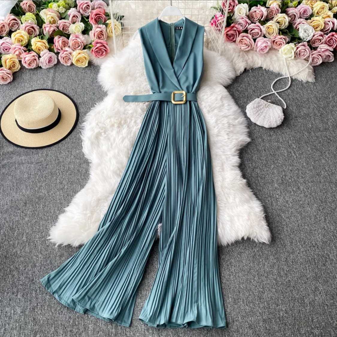 Pleated High Waist Notched One-piece Fashion Flared Wide Leg Jumpsuit