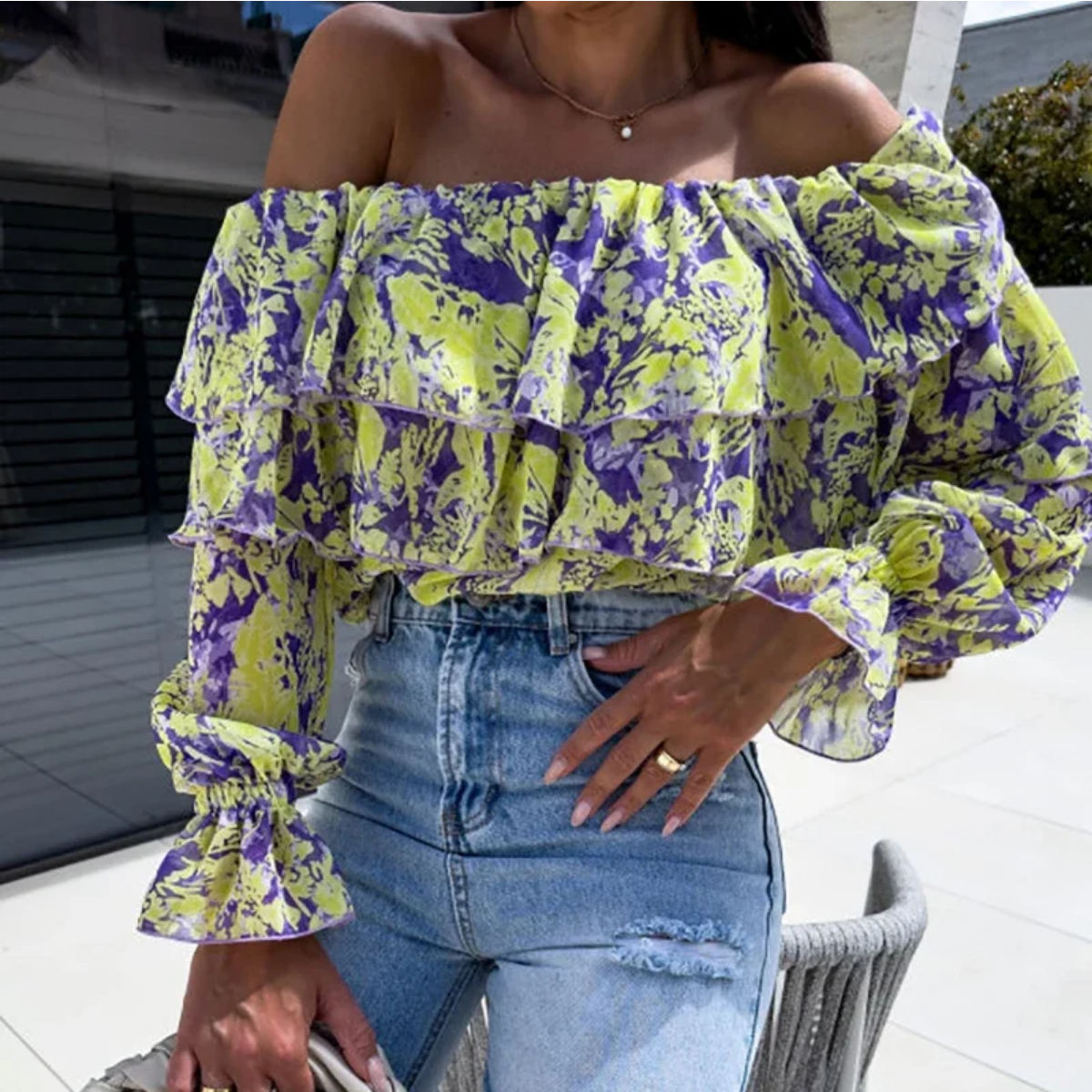 2024 Spring Floral Print Ruffles Blouse