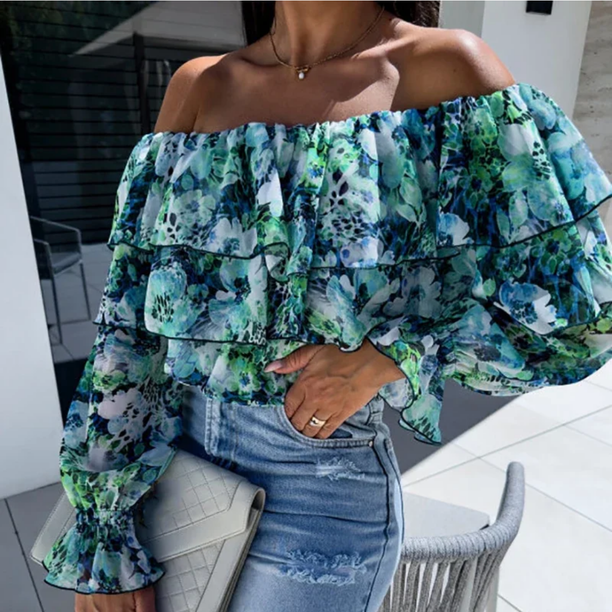 2024 Spring Floral Print Ruffles Blouse