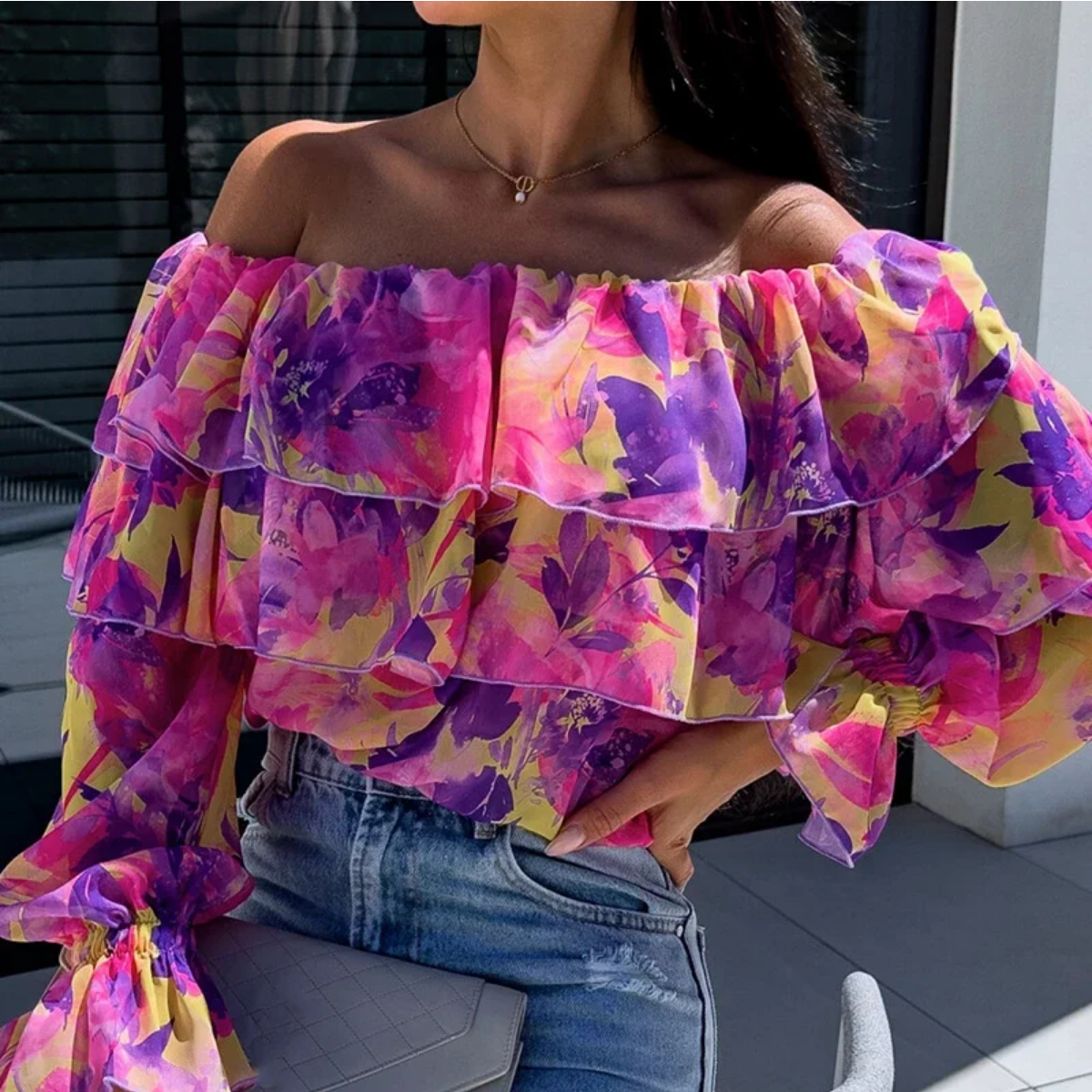 2024 Spring Floral Print Ruffles Blouse