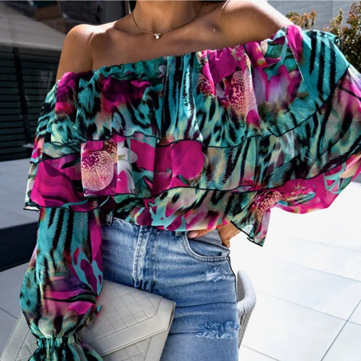 2024 Spring Floral Print Ruffles Blouse