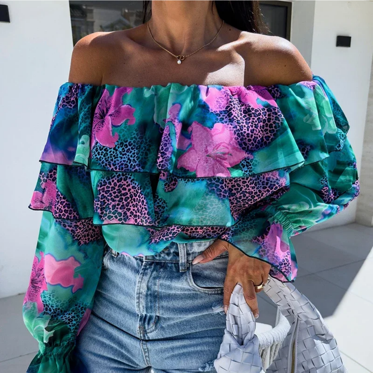 2024 Spring Floral Print Ruffles Blouse