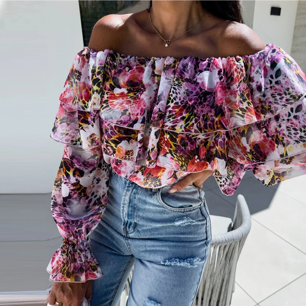 2024 Spring Floral Print Ruffles Blouse