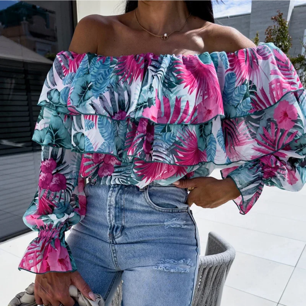 2024 Spring Floral Print Ruffles Blouse