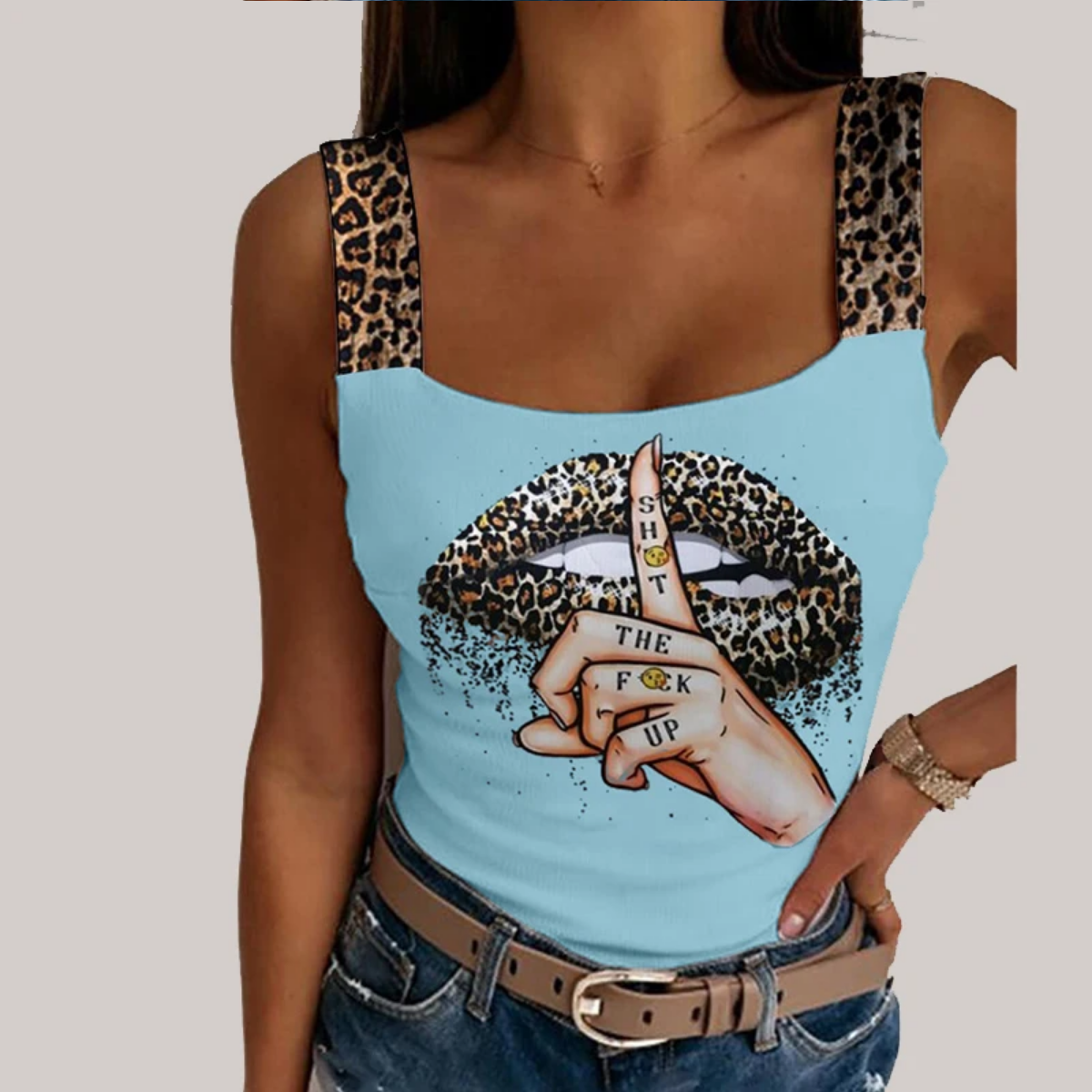 Leopard Lips Print Sleeveless Tank Tops