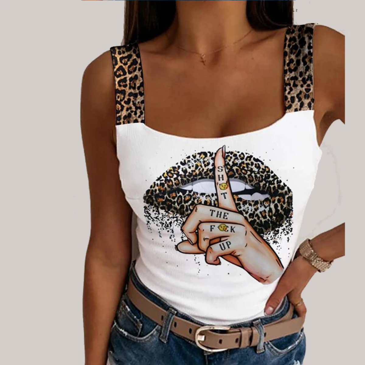 Leopard Lips Print Sleeveless Tank Tops