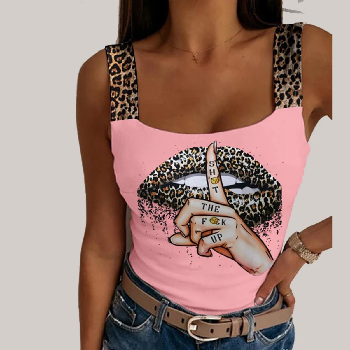 Leopard Lips Print Sleeveless Tank Tops