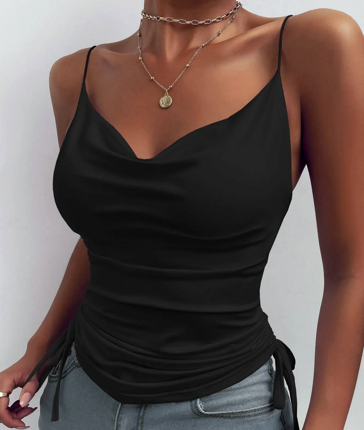 V Neck Camisole Drawstring Spaghetti Strap Tank  Top