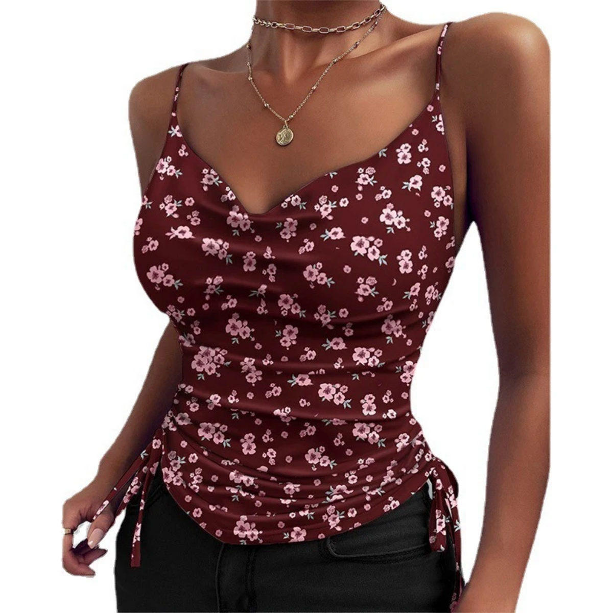 V Neck Camisole Drawstring Spaghetti Strap Tank  Top