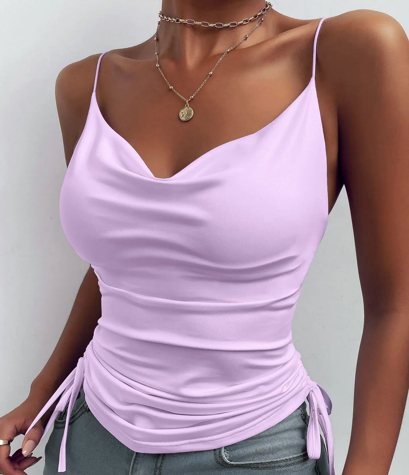 V Neck Camisole Drawstring Spaghetti Strap Tank  Top