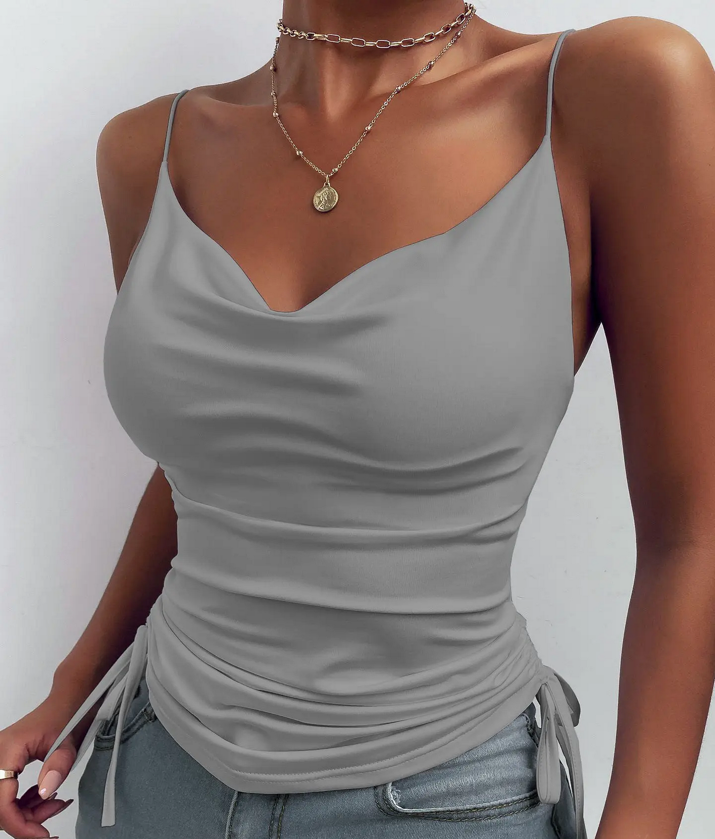 V Neck Camisole Drawstring Spaghetti Strap Tank  Top