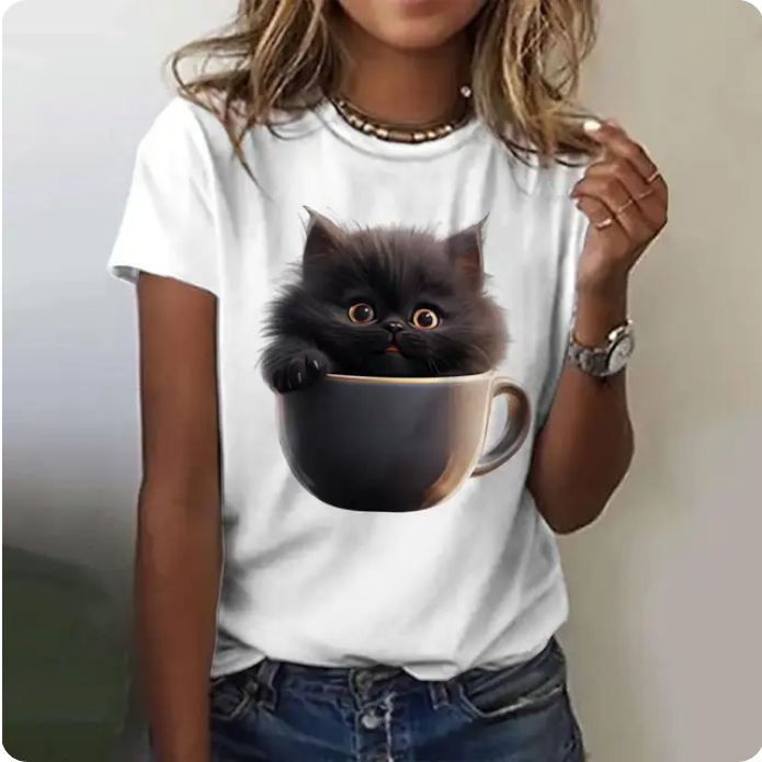 Cat Print Casual Short Sleeve 3D T Shirts