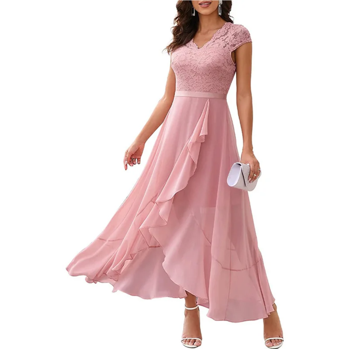 Spring V Neck Patchwork Ruffles Chiffon Irregular Dress