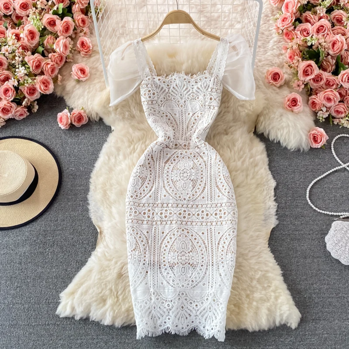 Square Neck Puff Sleeves  Slim Waist Lace Dress