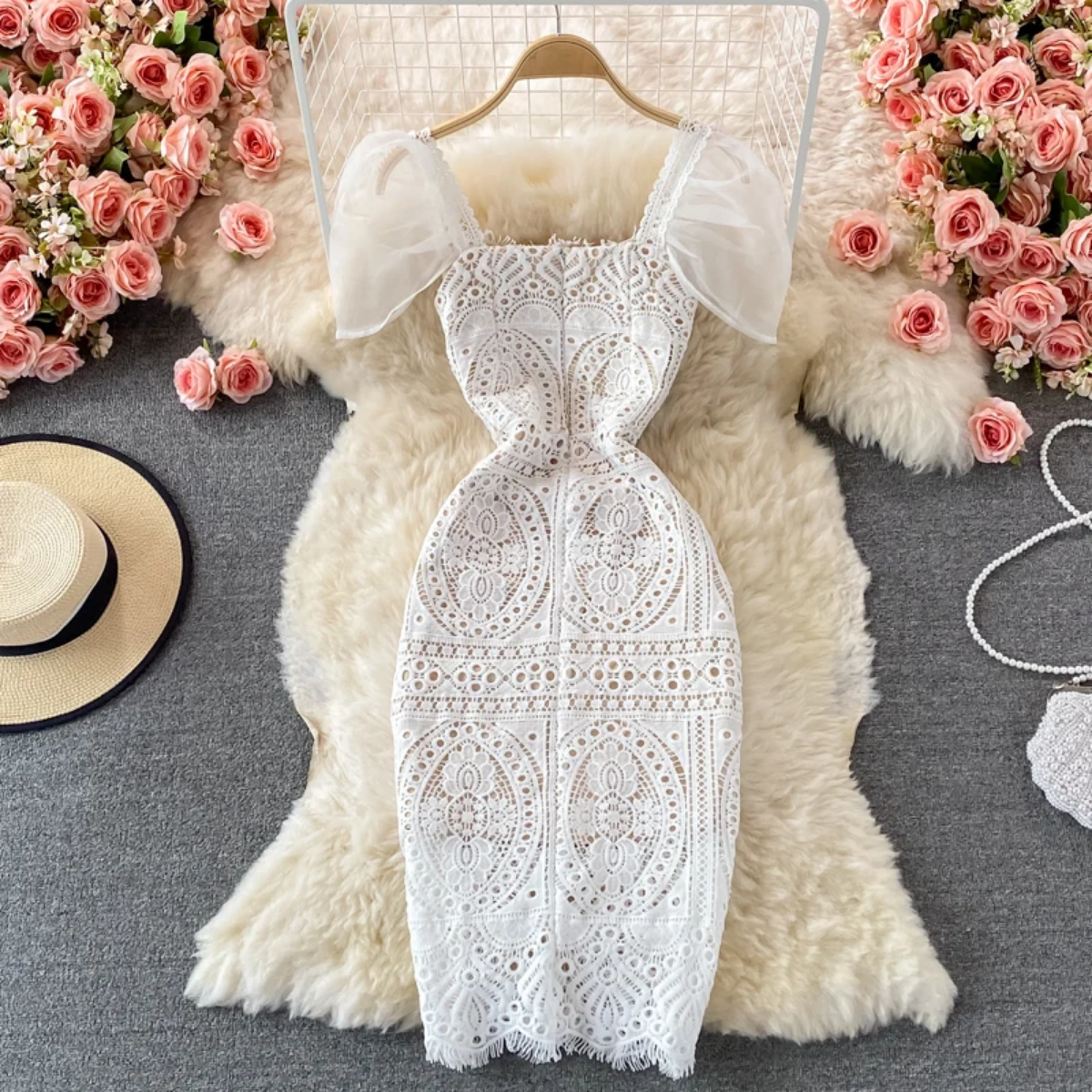 Square Neck Puff Sleeves  Slim Waist Lace Dress