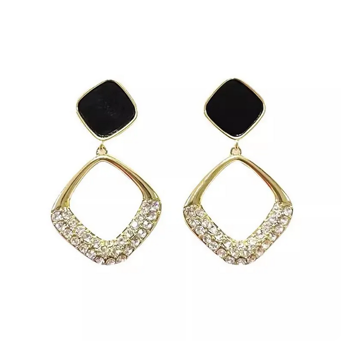 925 Silver Needle Korean Fashion Black Geometric Crystal Earrings