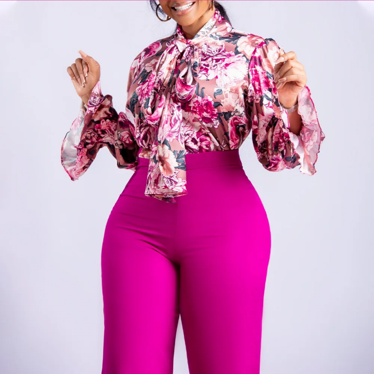 New 2 Piece  Flower Print Top Shirt Pants Suit