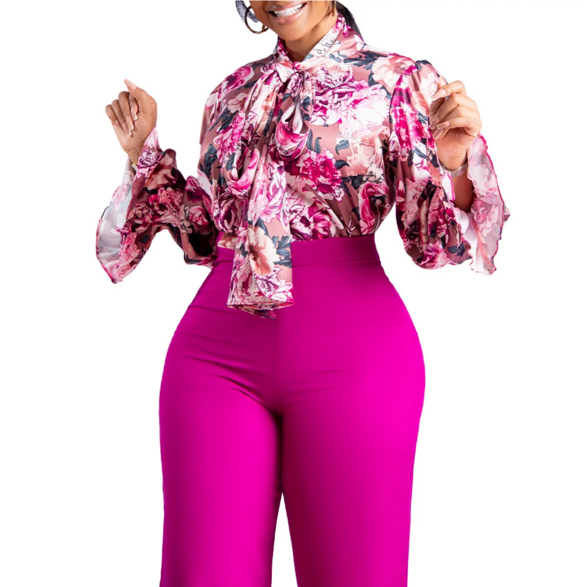 New 2 Piece  Flower Print Top Shirt Pants Suit