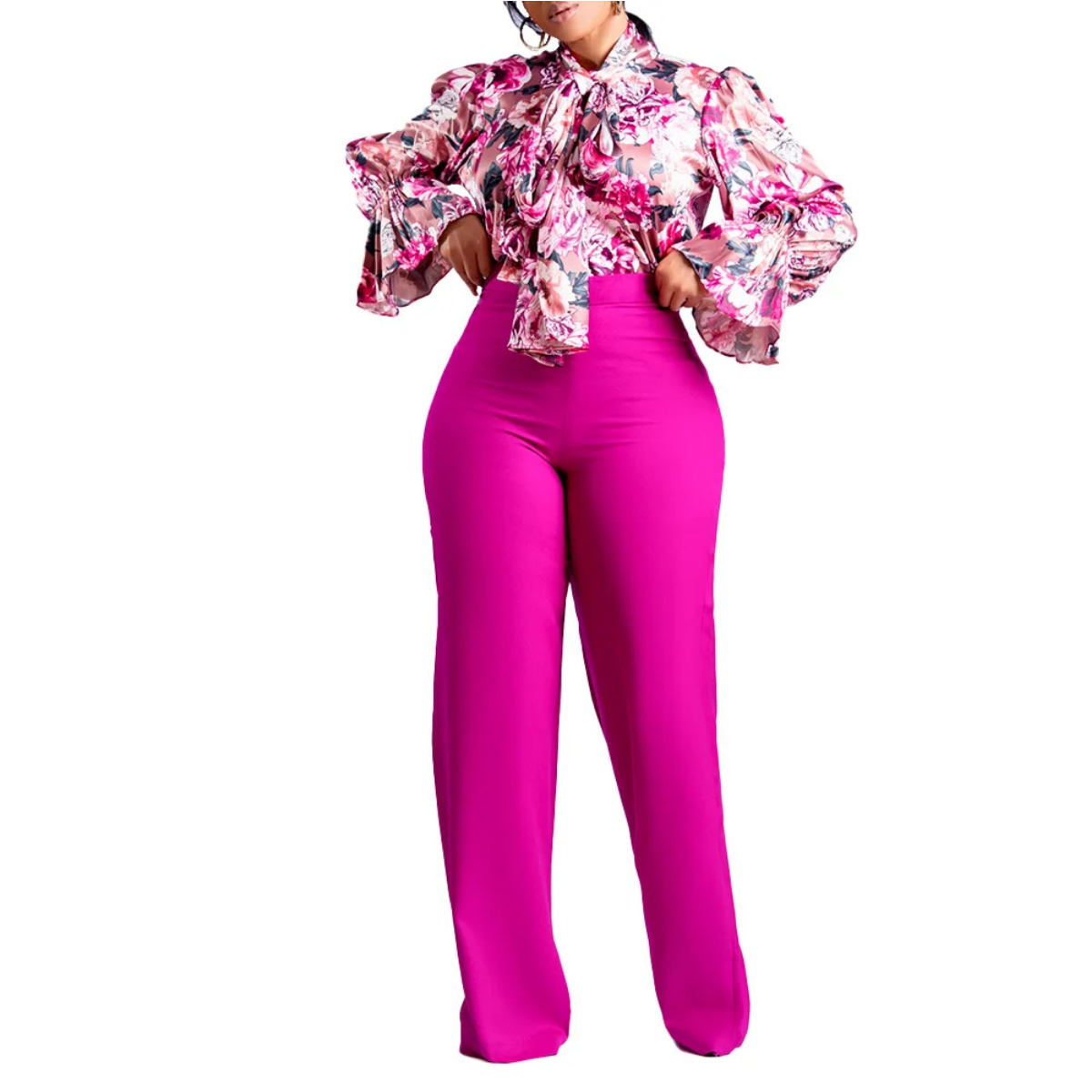 New 2 Piece  Flower Print Top Shirt Pants Suit