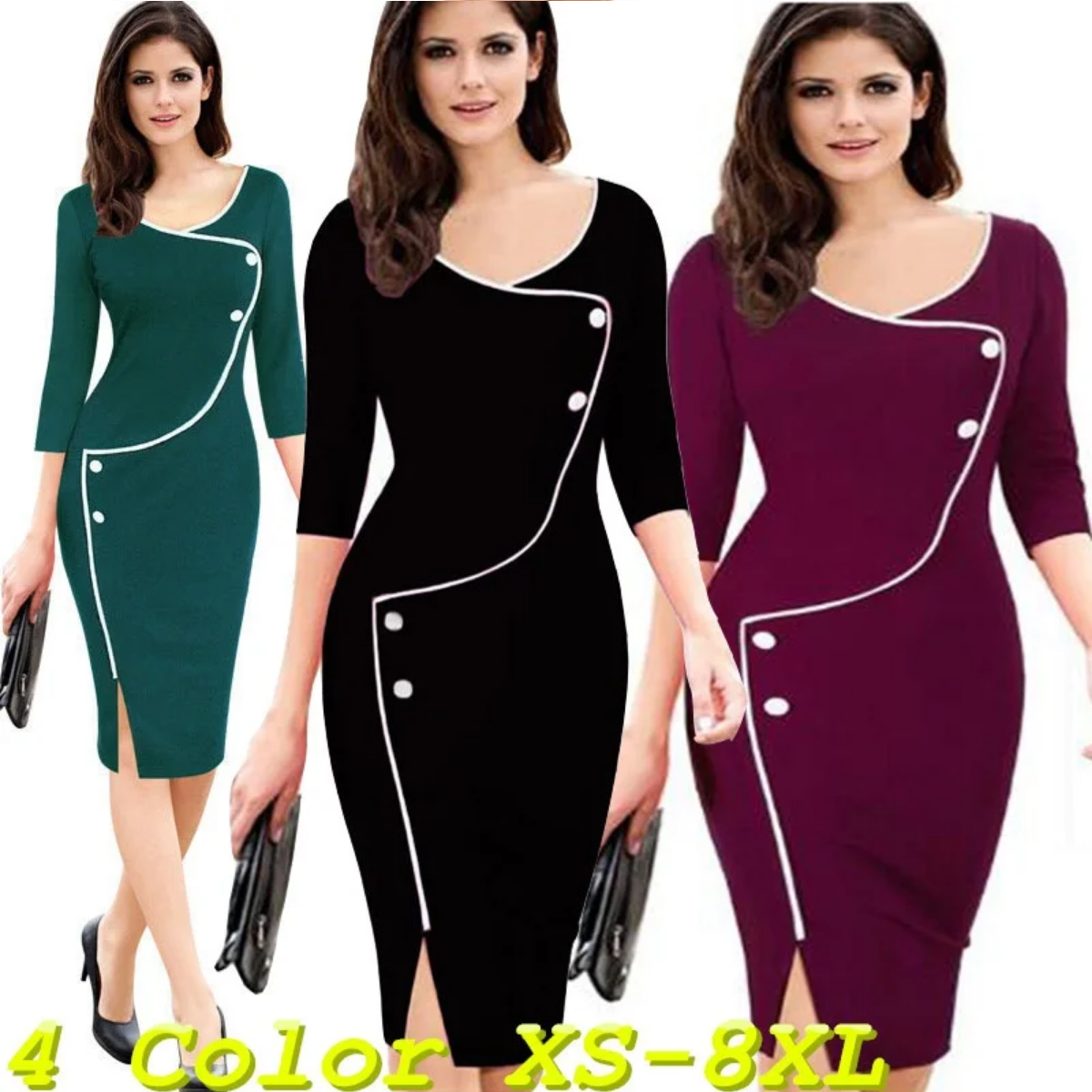 Vintage  Split Bottom Casual 3/4 Sleeve Deep O-Neck Bodycon Knee Length Office Dress