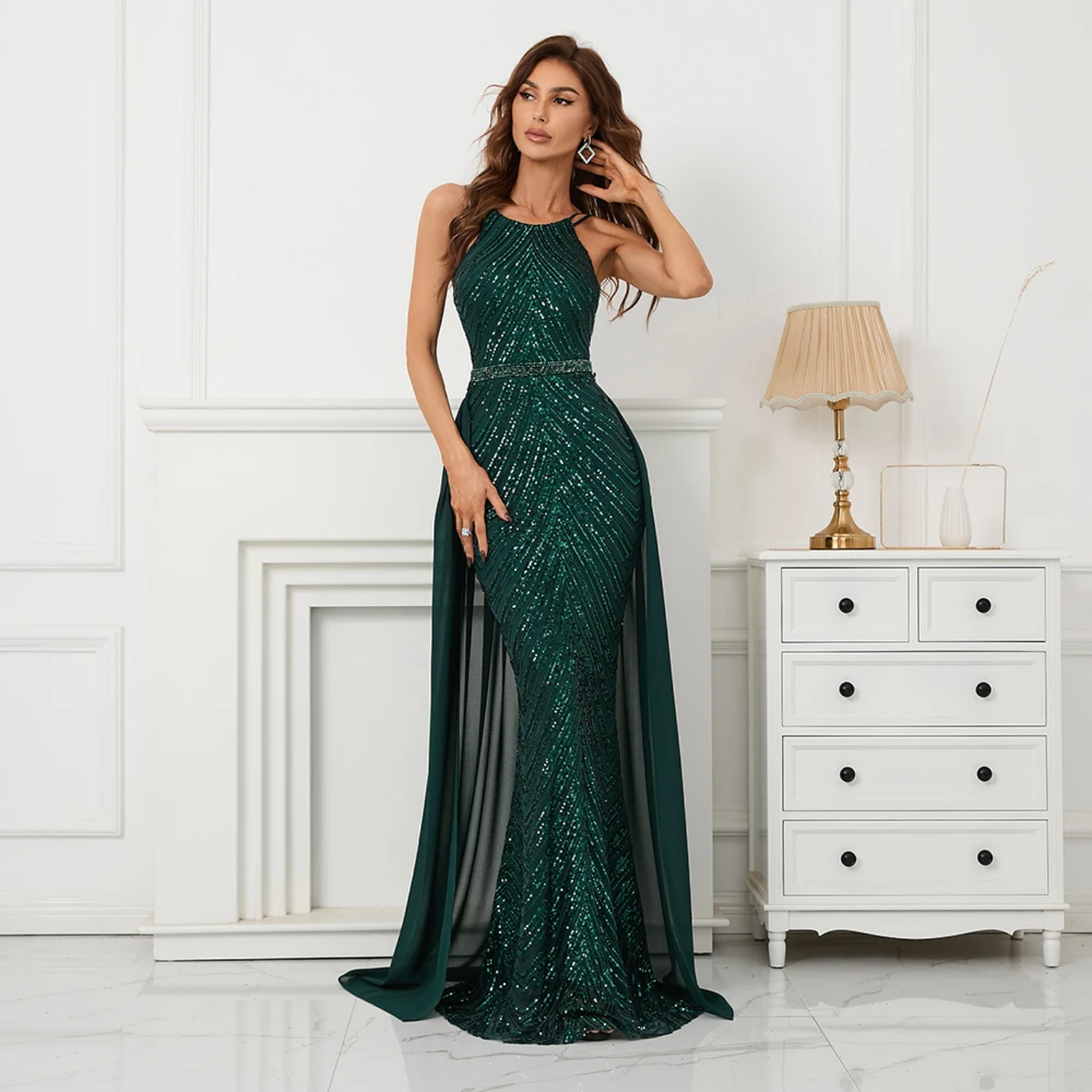 Off Shoulder Tassel Sequin Evening Dress