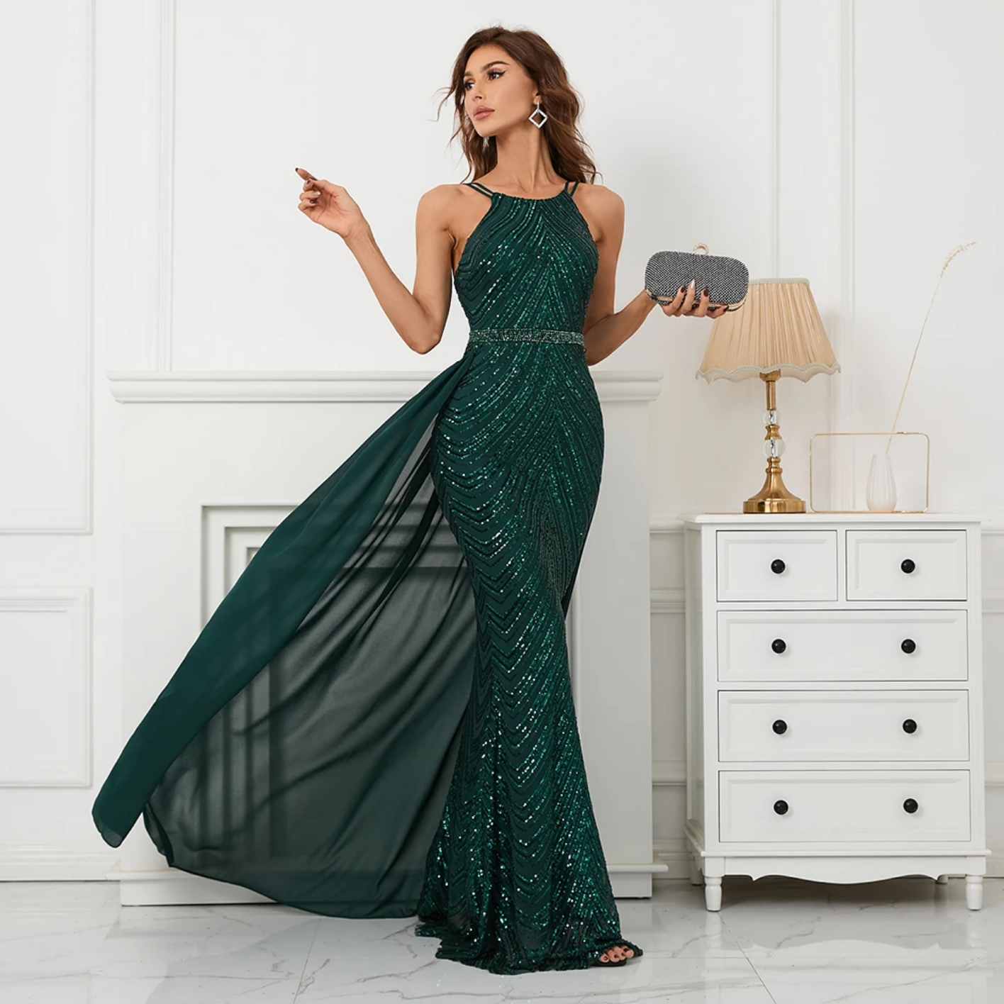 Off Shoulder Tassel Sequin Evening Dress