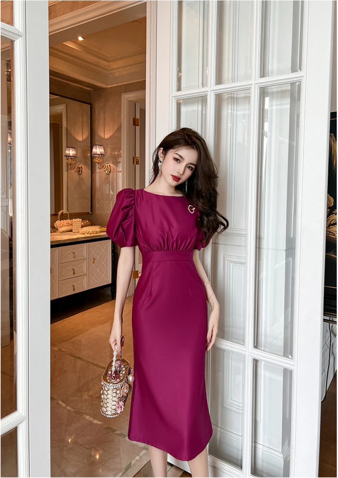 Summer Satin Elegant Purple O-Neck Slim Midi Dress