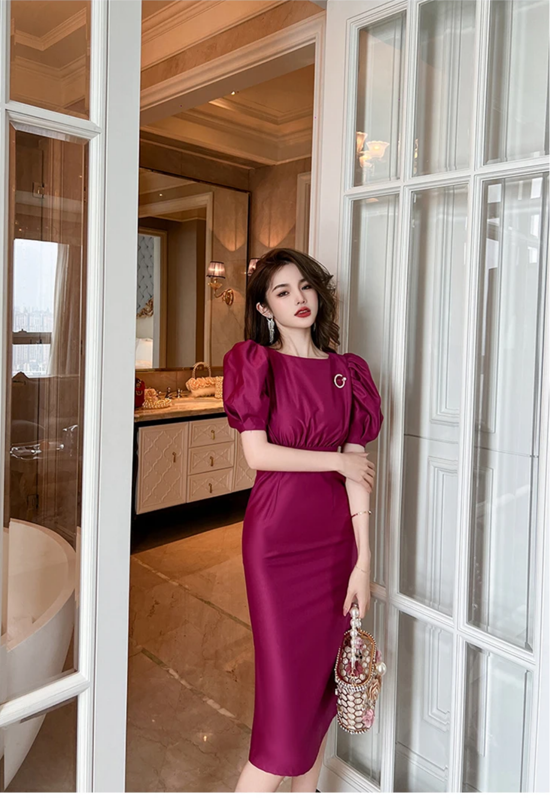 Summer Satin Elegant Purple O-Neck Slim Midi Dress