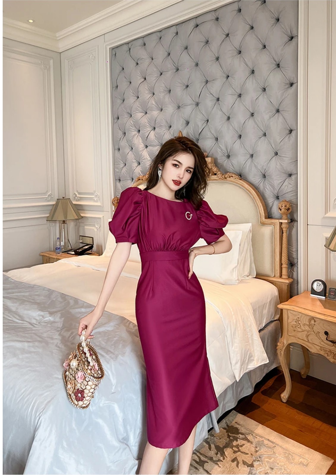 Summer Satin Elegant Purple O-Neck Slim Midi Dress