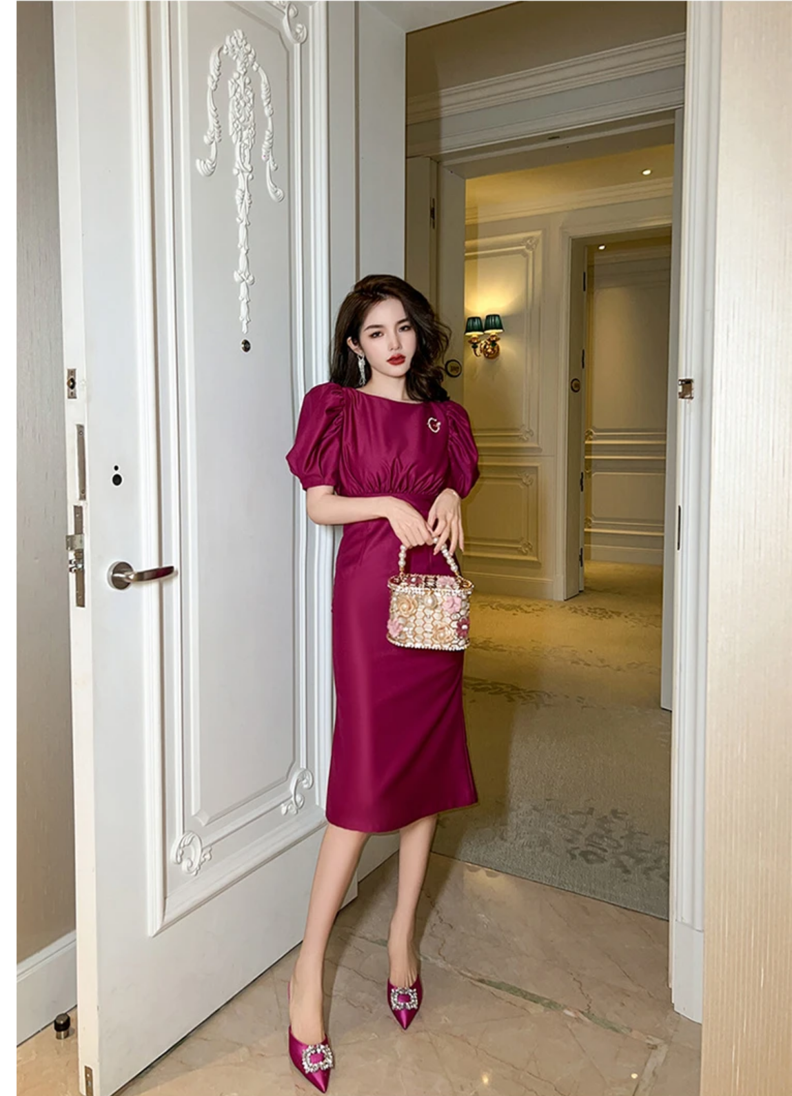 Summer Satin Elegant Purple O-Neck Slim Midi Dress