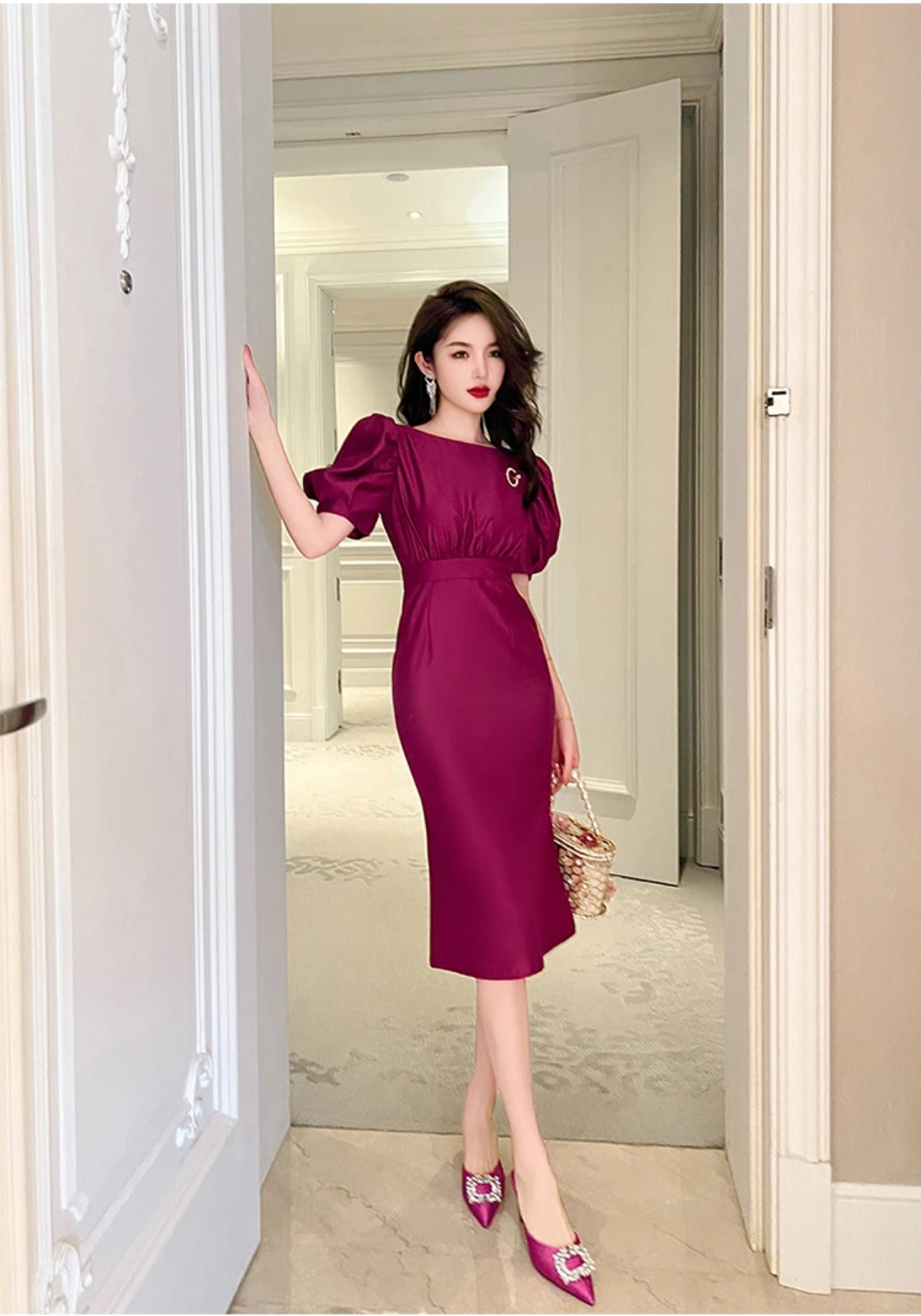 Summer Satin Elegant Purple O-Neck Slim Midi Dress