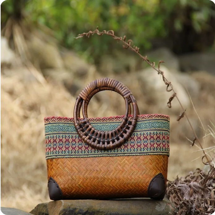 Retro Japanese handmade bamboo woven rattan handbag