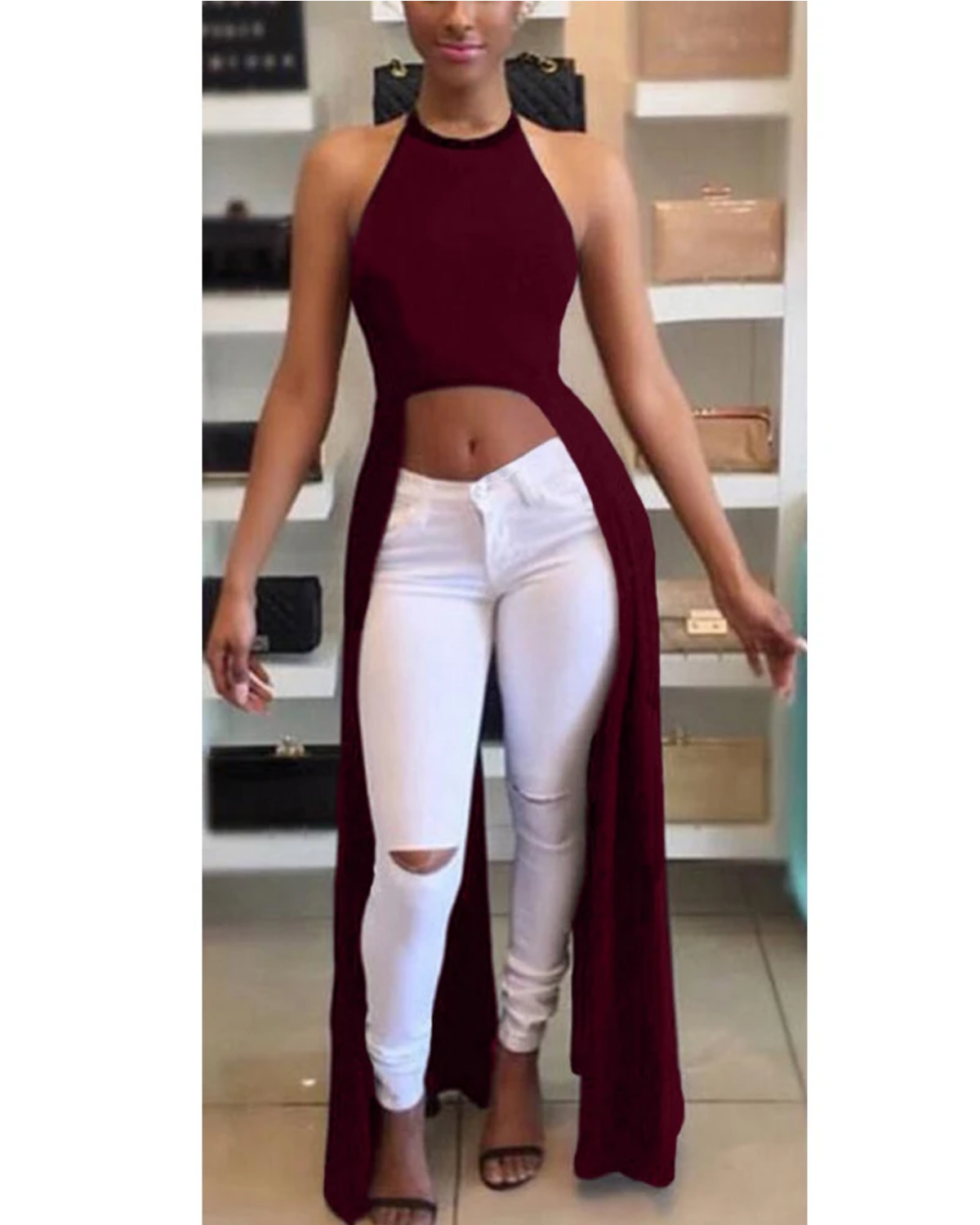 Sleeveless Solid Color Open Back Long Halter Top