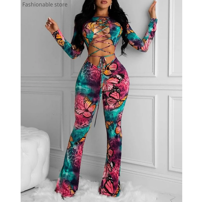Long Sleeve Butterfly  Print Lace-up Front Cutout Jumpsuits
