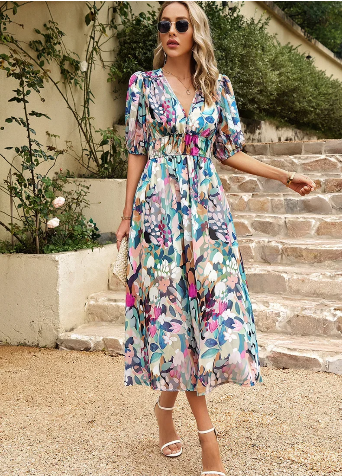 2024 Elegant High Quality Design summer Waist Cinching V-neck Print Elastic Waist Maxi  Dresses