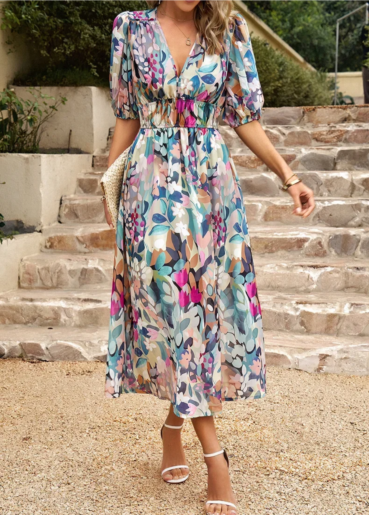 2024 Elegant High Quality Design summer Waist Cinching V-neck Print Elastic Waist Maxi  Dresses