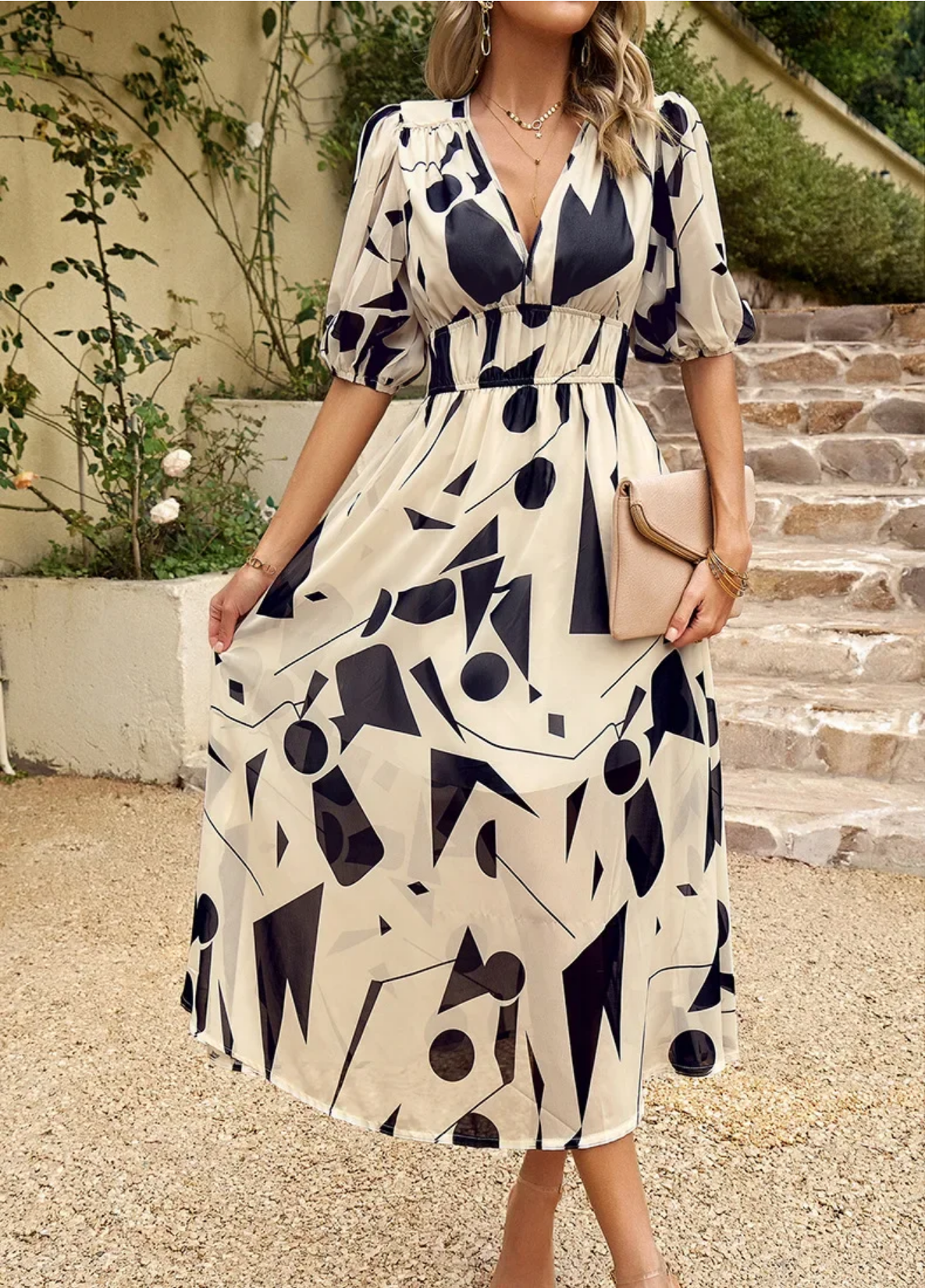 2024 Elegant High Quality Design summer Waist Cinching V-neck Print Elastic Waist Maxi  Dresses